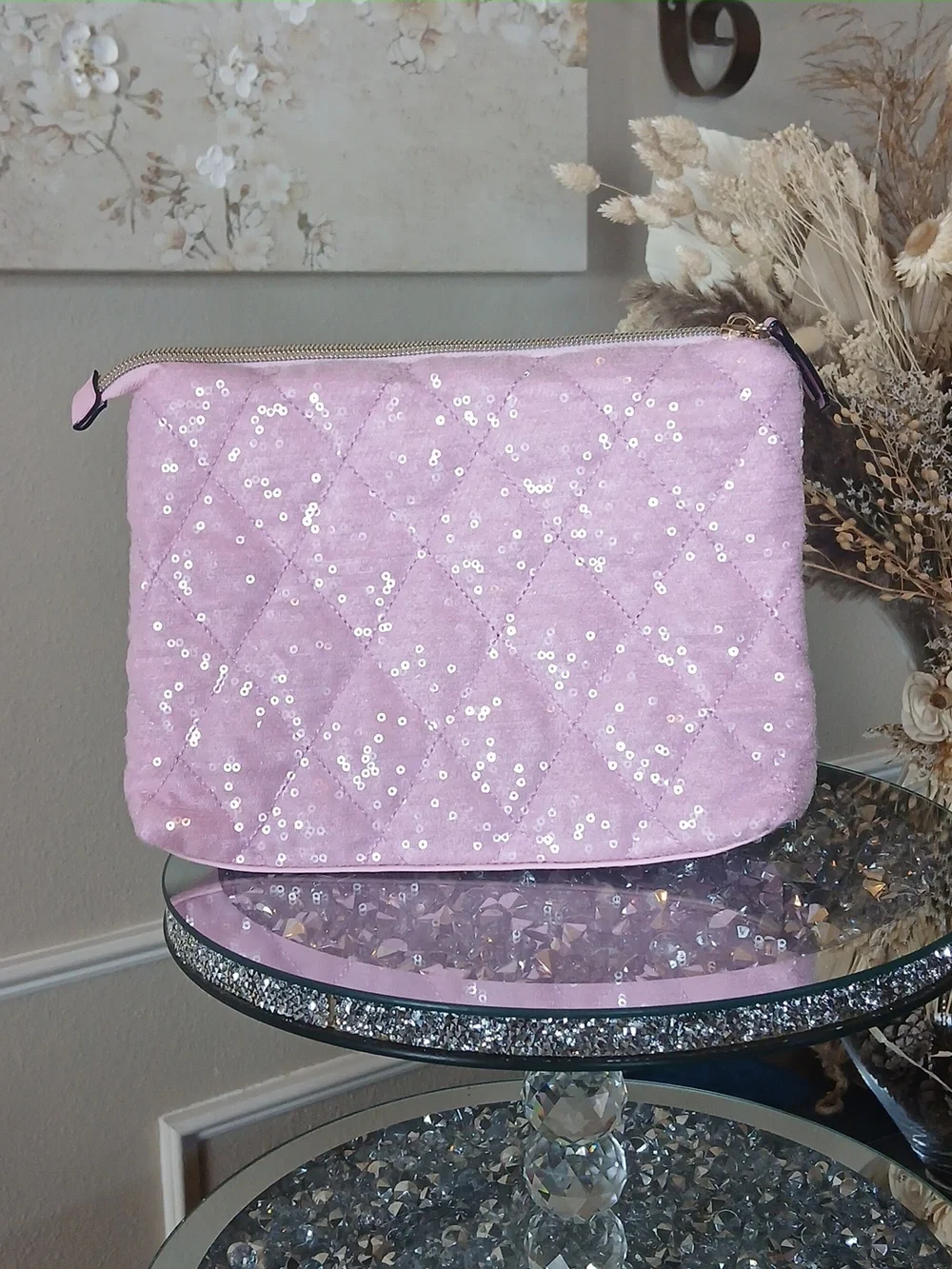 Victoria's Secret Pink Quilted Sequin Pouch Clutch Travel Glam Makeup Bag